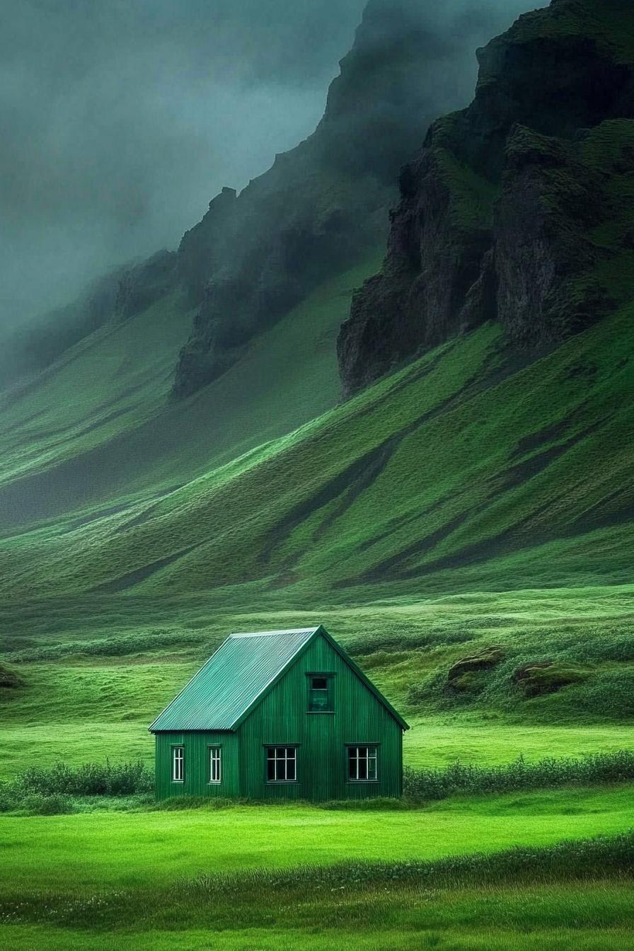 Small green cabin in lush valley with misty hills