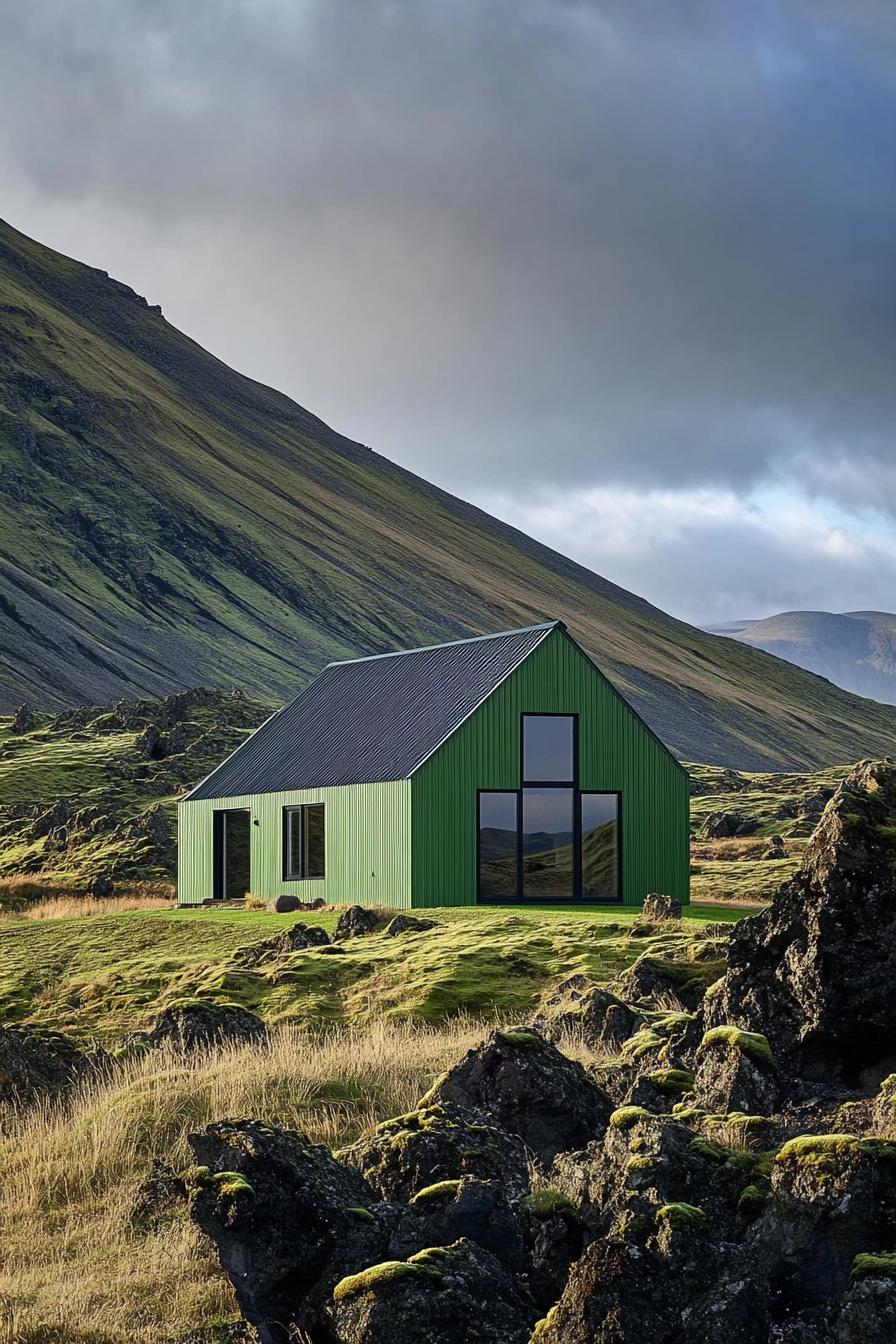 Green barndominium nestled in a hilly landscape