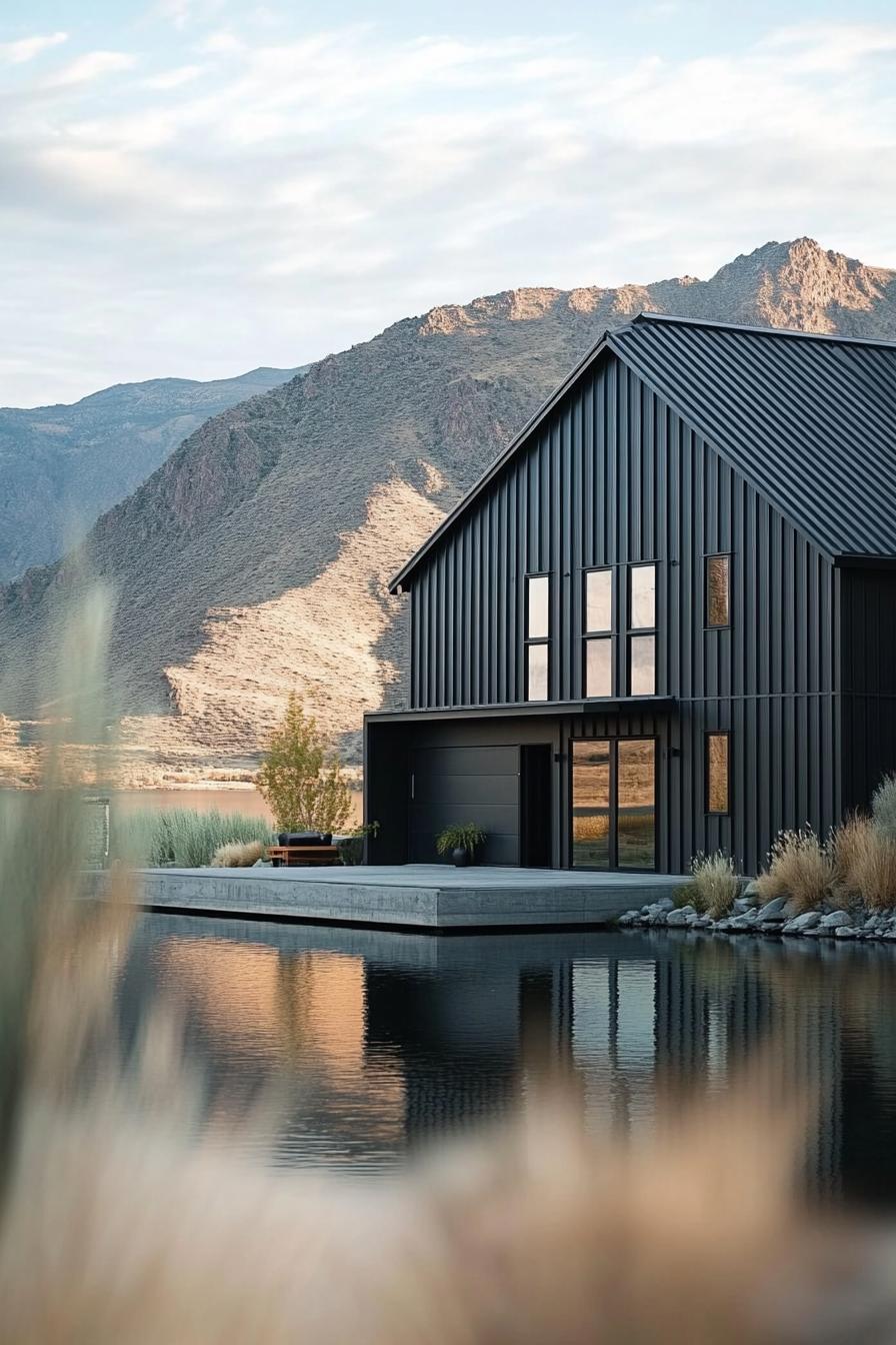 Contemporary metal house by a tranquil lake with mountain backdrop