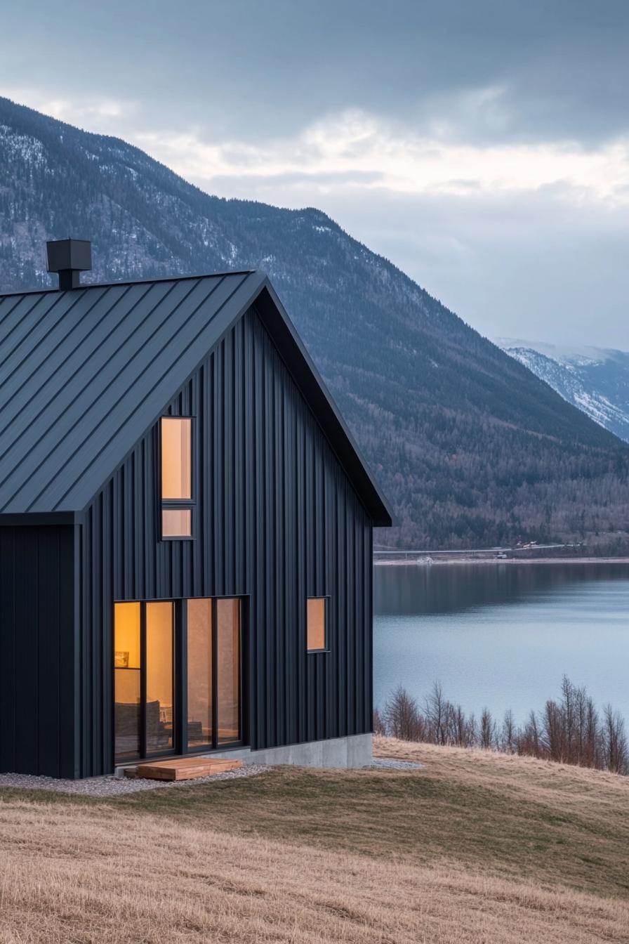 Modern metal house beside a tranquil lake and mountains