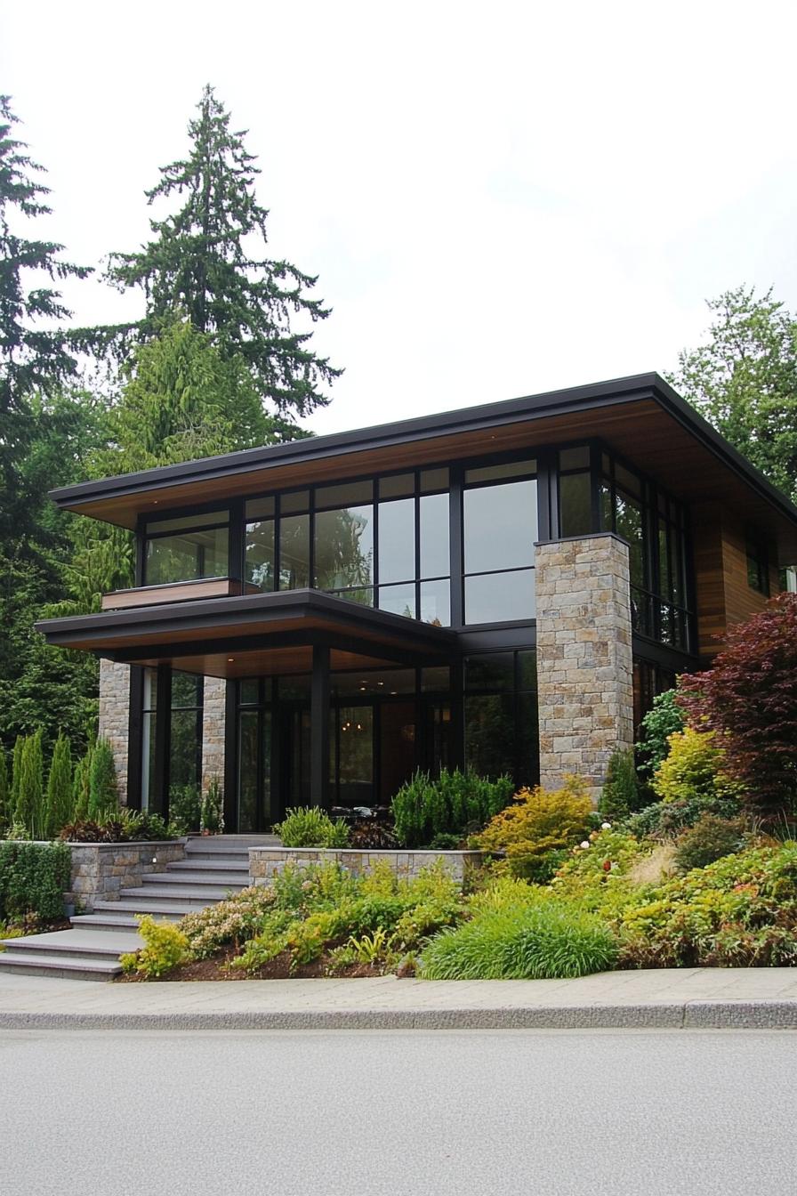 Modern house with large windows and a lush garden