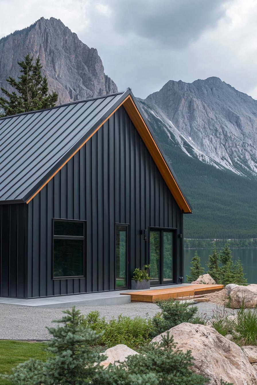 Modern metal home with mountain backdrop