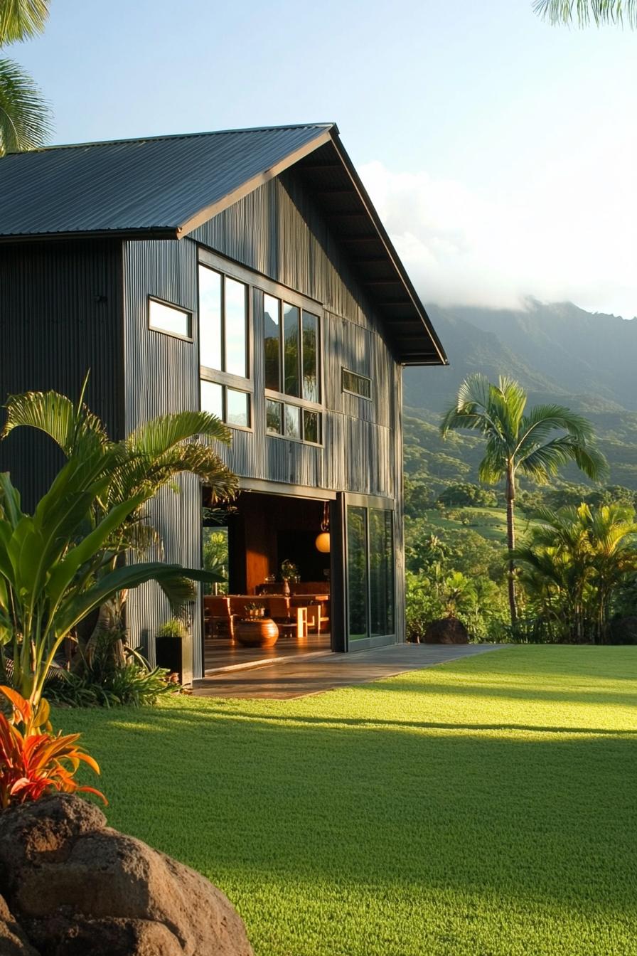 Modern metal house with open view of lush greenery and distant mountains