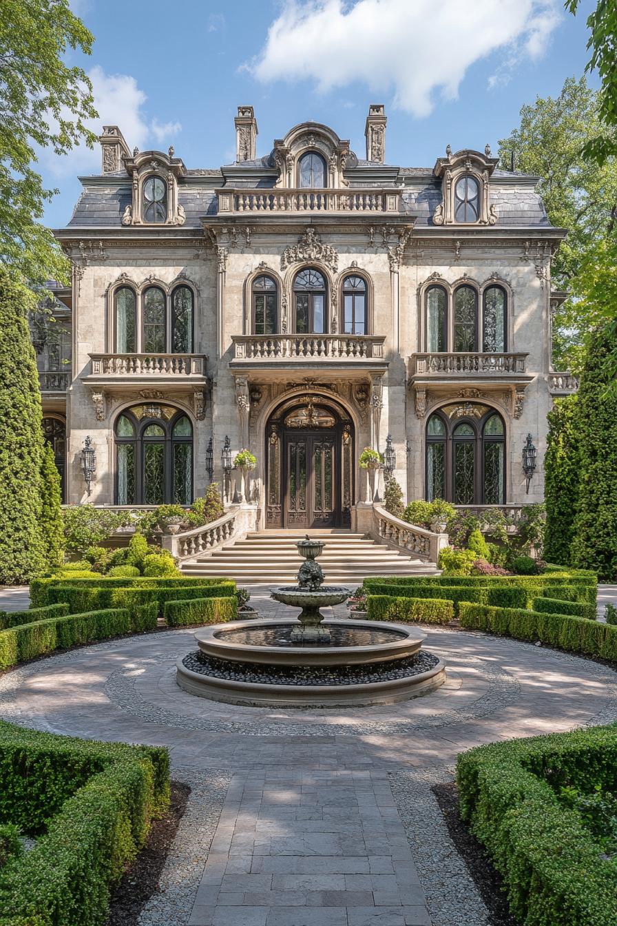 A grand mansion with a central fountain