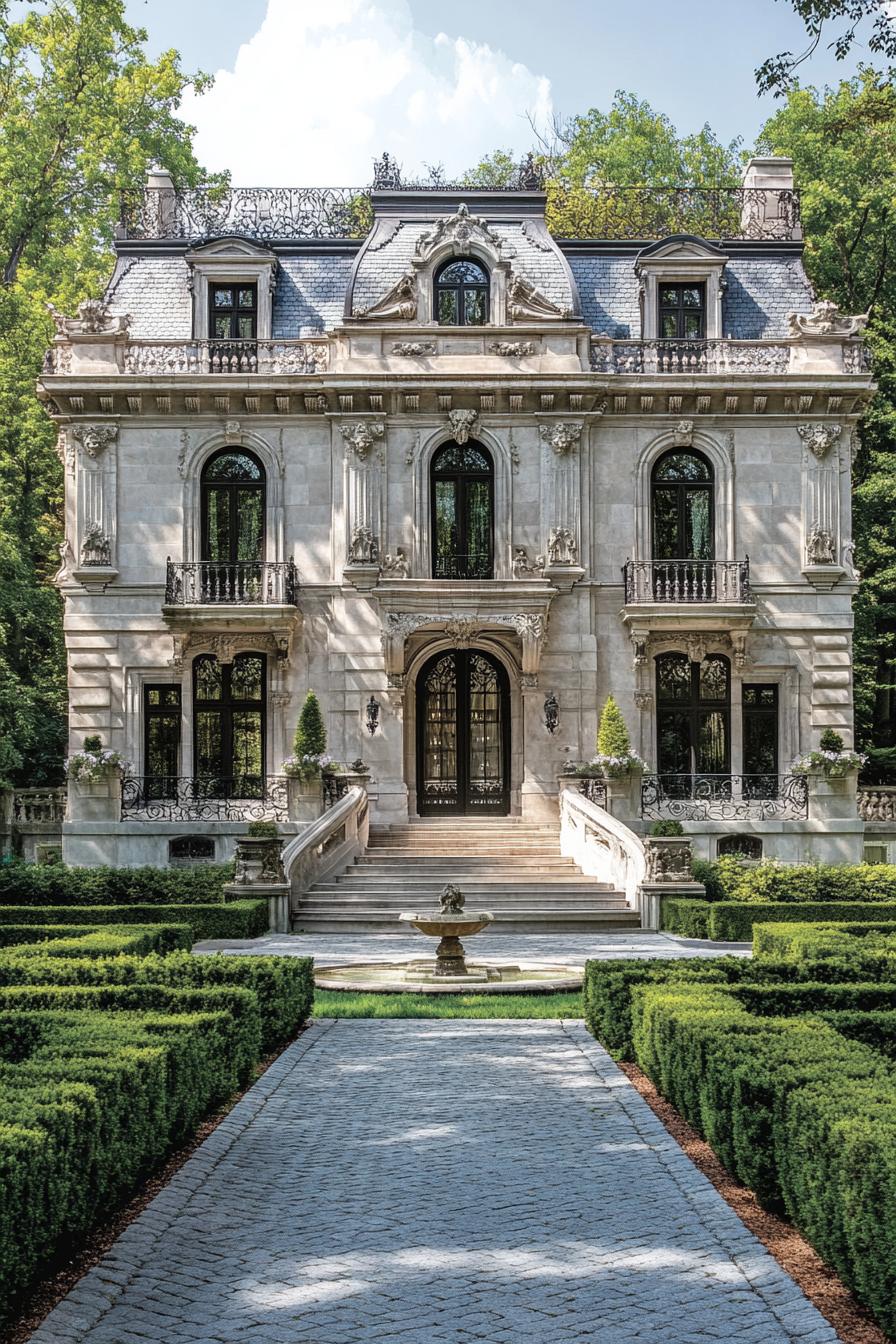 Ornate mansion with grand entrance and lush gardens