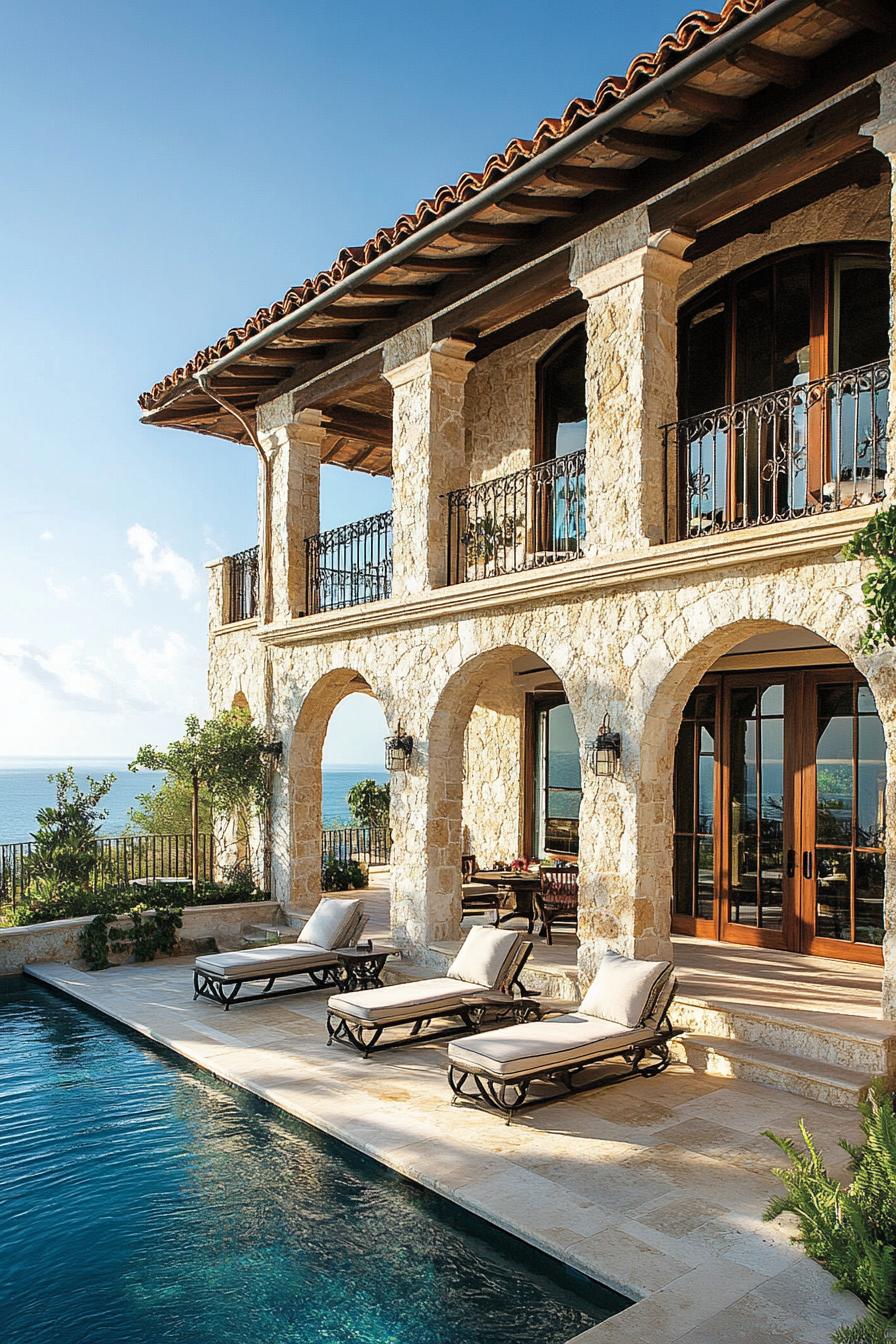 Elegant stone villa with poolside lounge chairs and ocean view