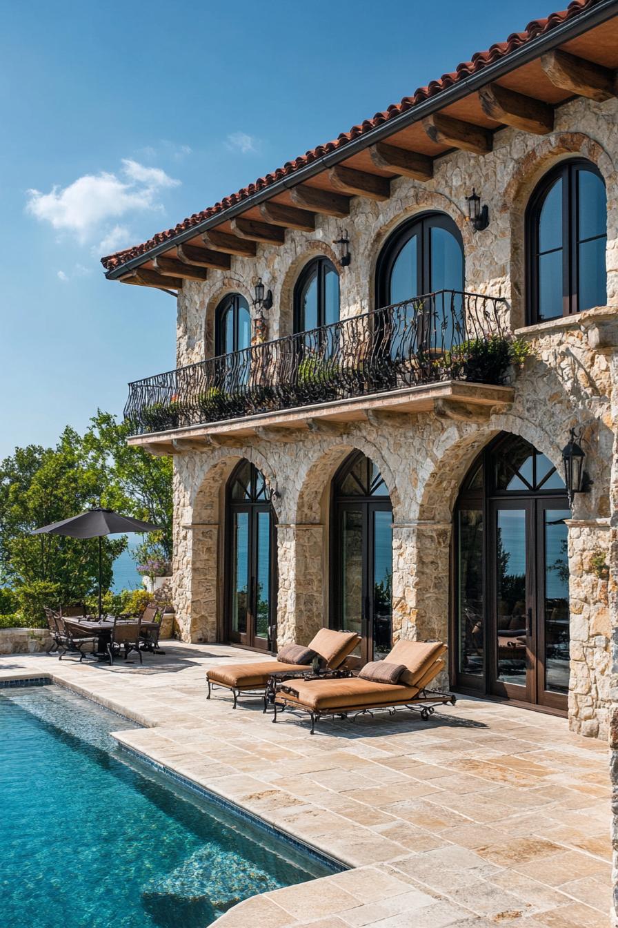 Charming stone villa with arched windows and a sunlit poolside patio