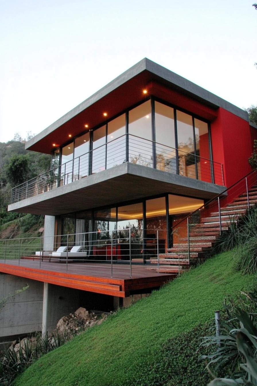 Modern house perched on a grassy slope with large glass windows