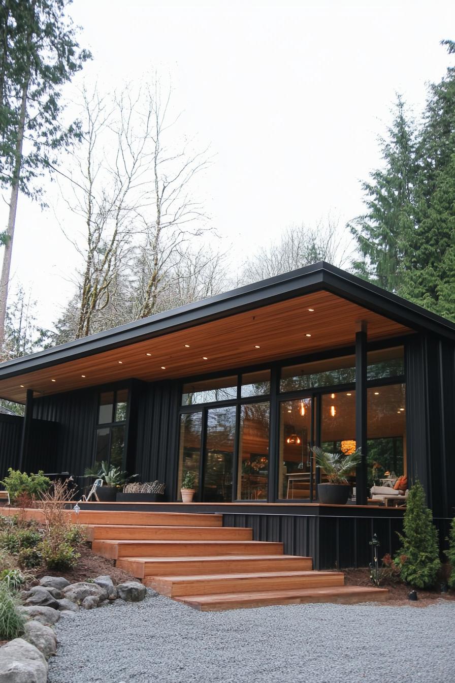 Sleek black flat roof house with wooden steps