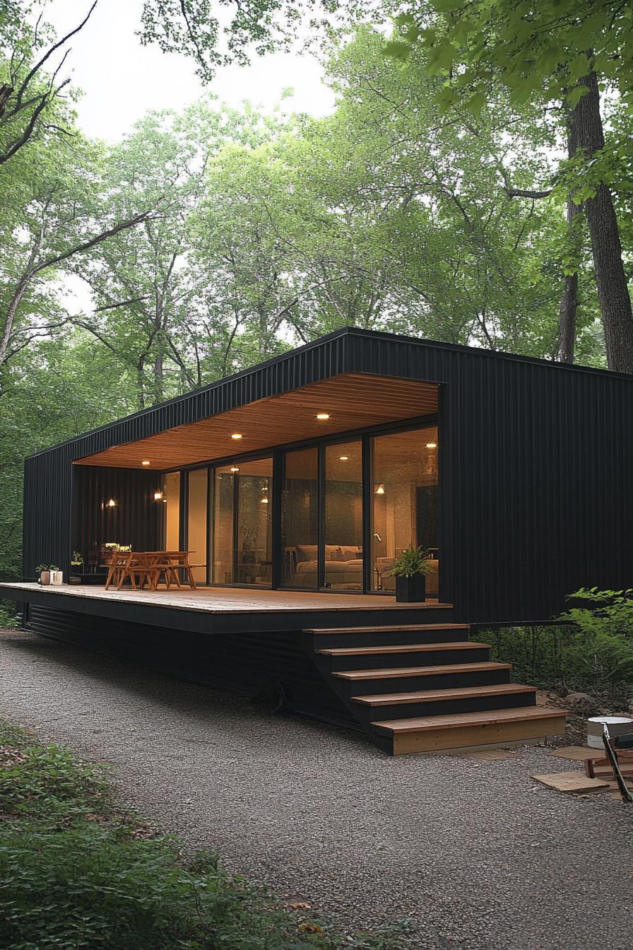 Flat roof house with large glass doors and wooden deck