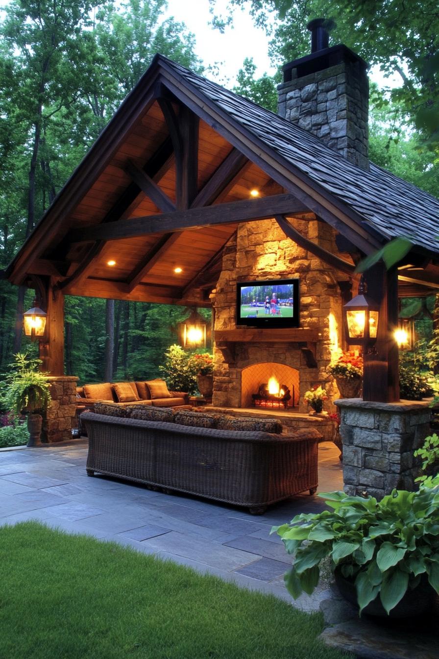 Cozy outdoor patio with a stone fireplace and lush greenery