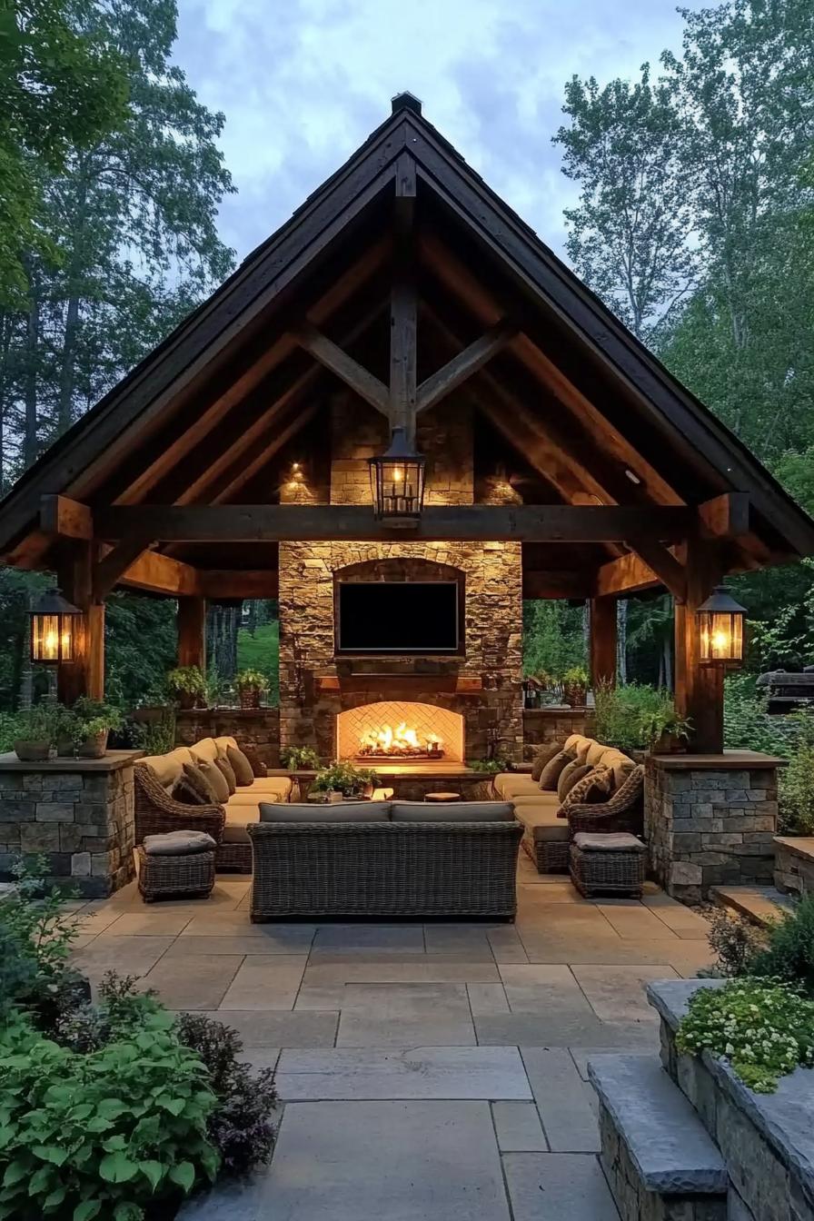 Cozy outdoor space with a stone fireplace and seating area