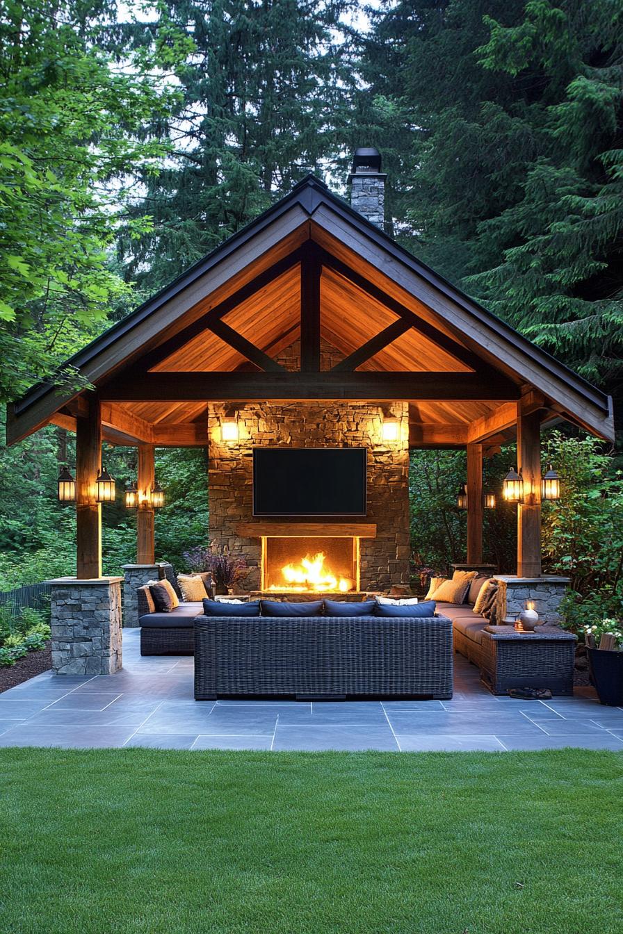 Outdoor living area with a stone fireplace and wooden roof surrounded by trees