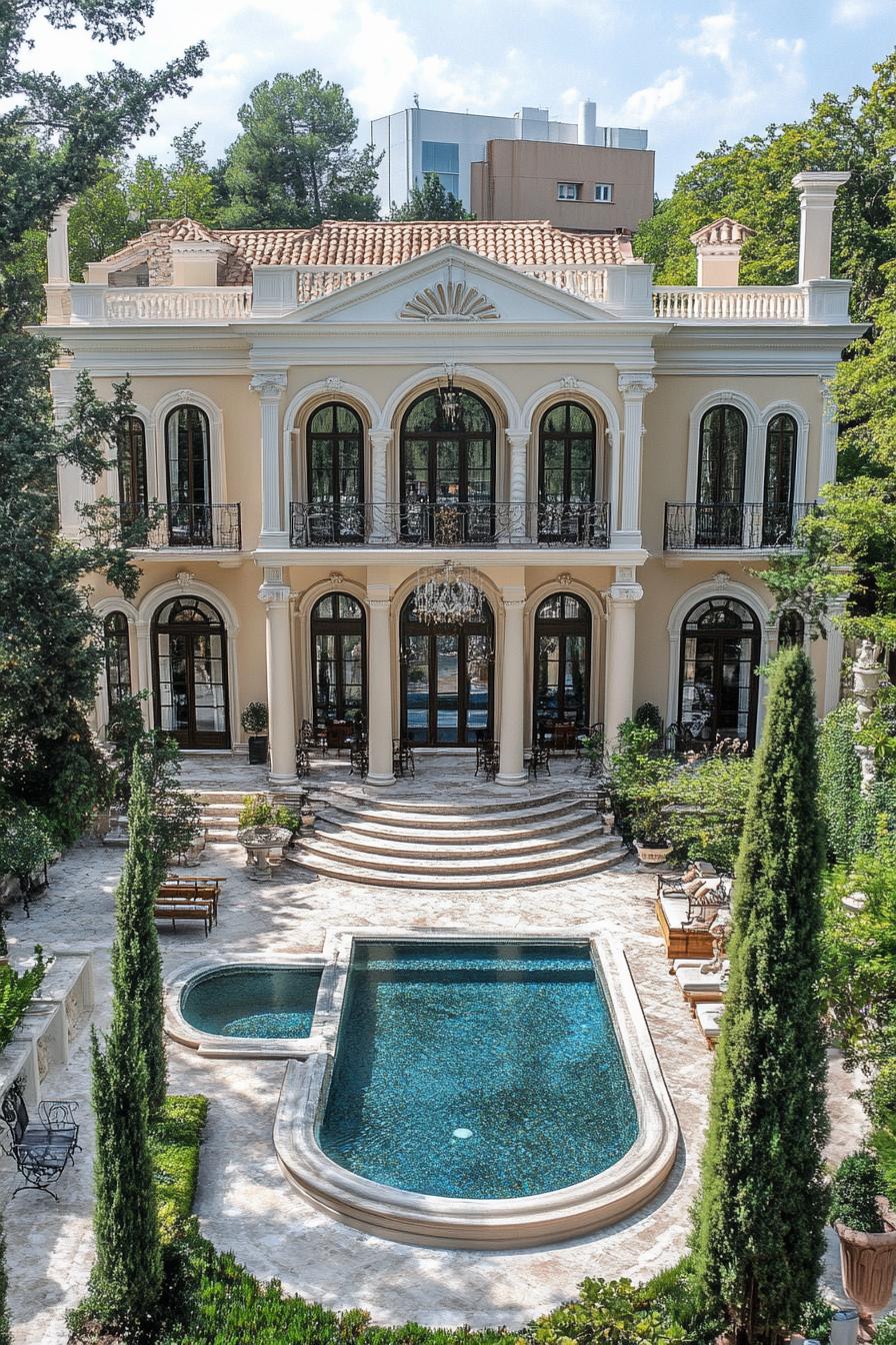 Elegant mansion with a curved pool in front