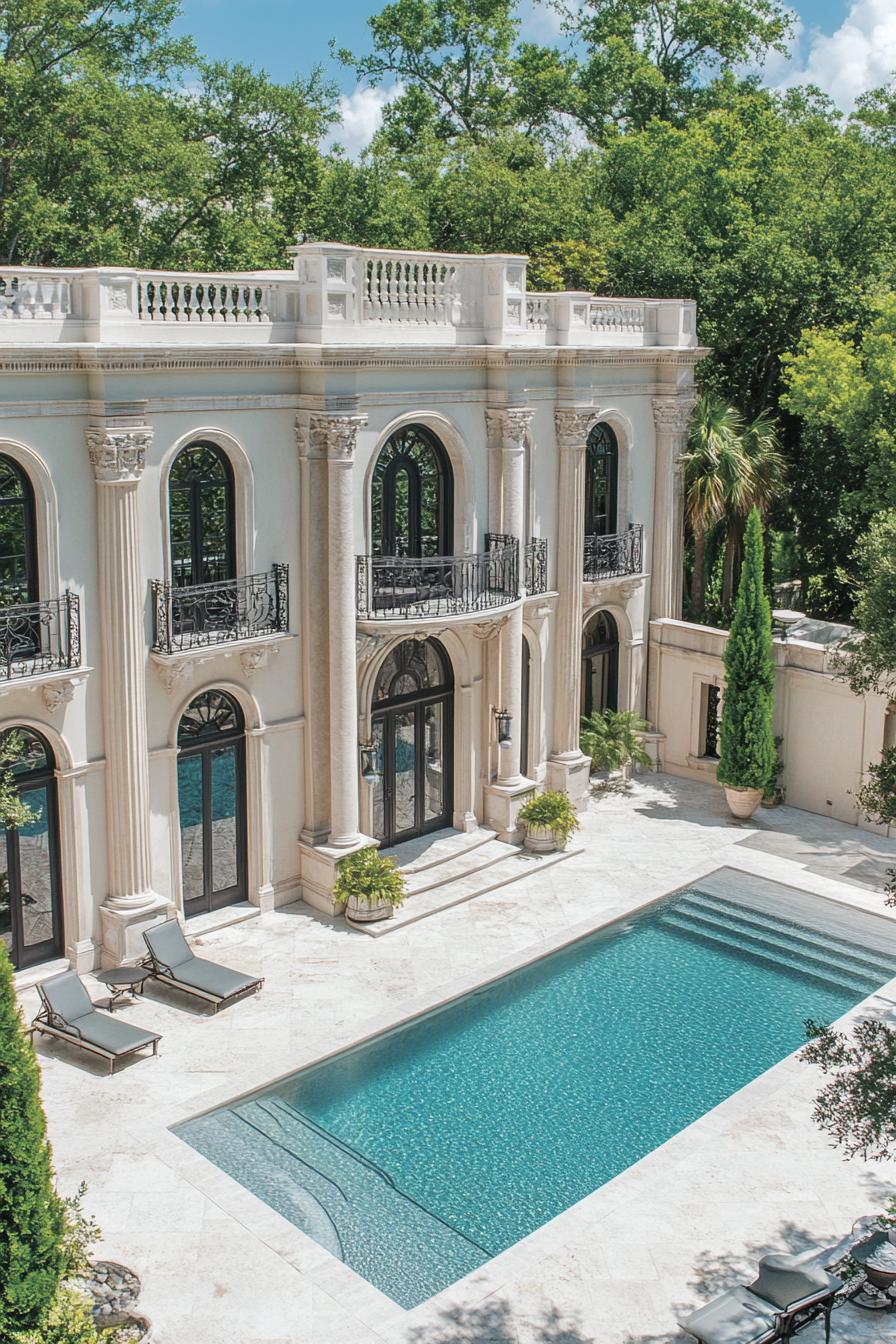 Elegant mansion with pool and ornate columns