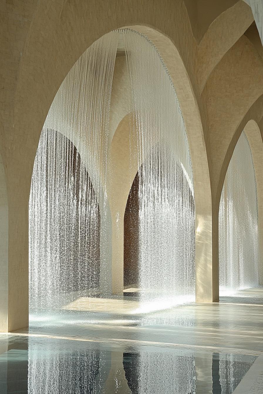 Flowing water streams through arches, creating a shimmering effect