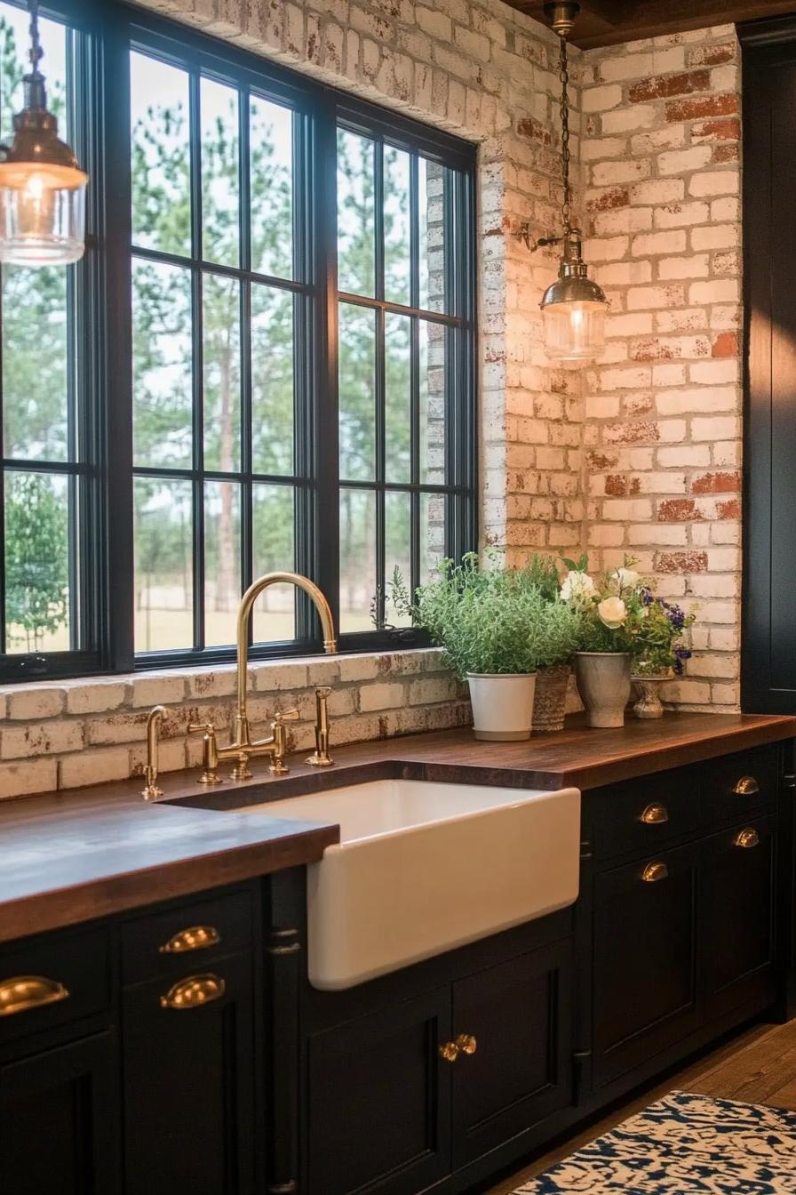 Cozy kitchen with brick walls and wooden counters