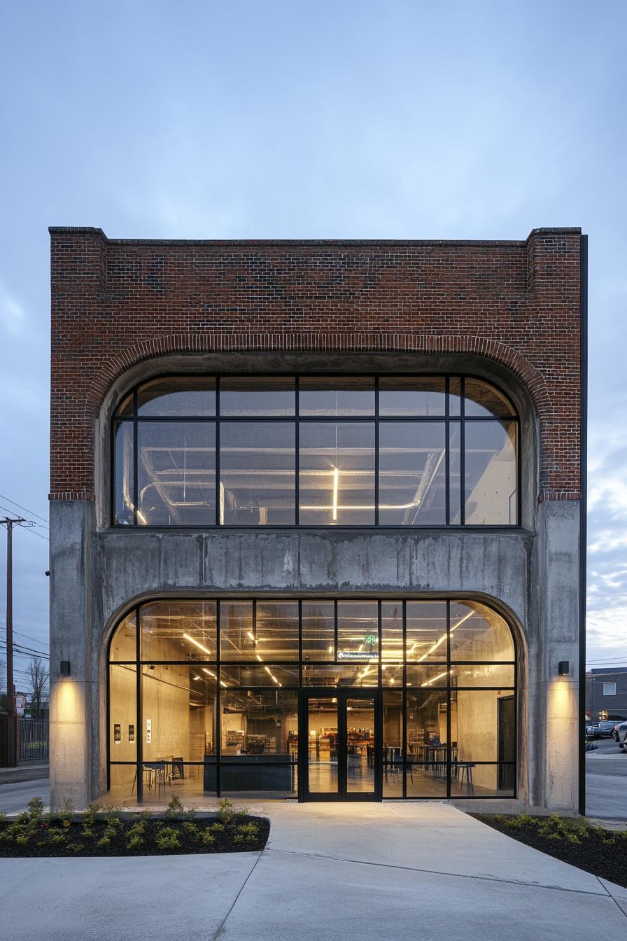 Exterior view of a modern brick and glass commercial building at dusk