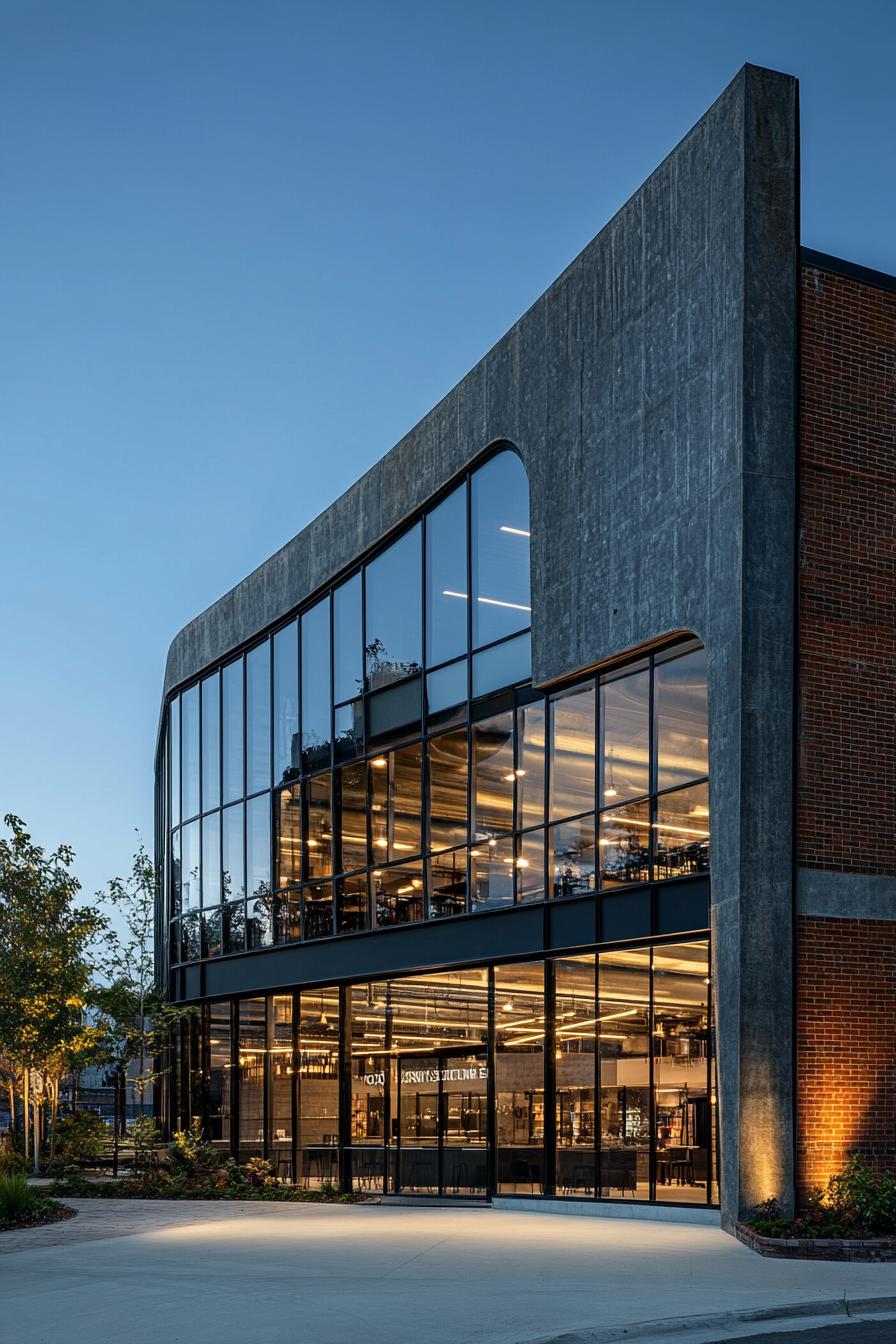 A modern building with curved glass walls and evening lights