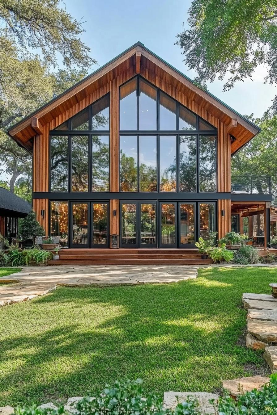 Modern home with large glass facade and wooden accents