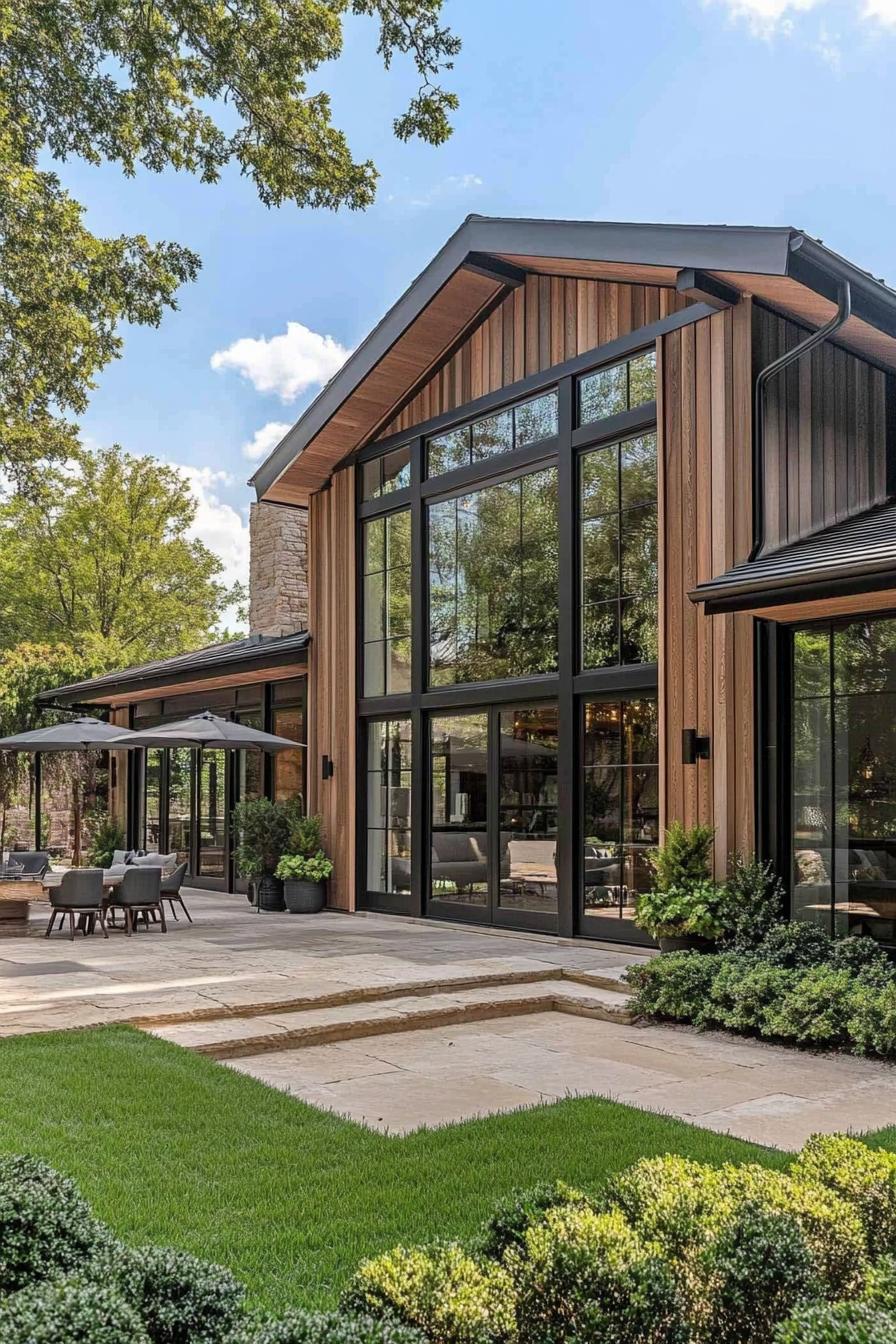 Contemporary home with large glass windows and a patio surrounded by greenery