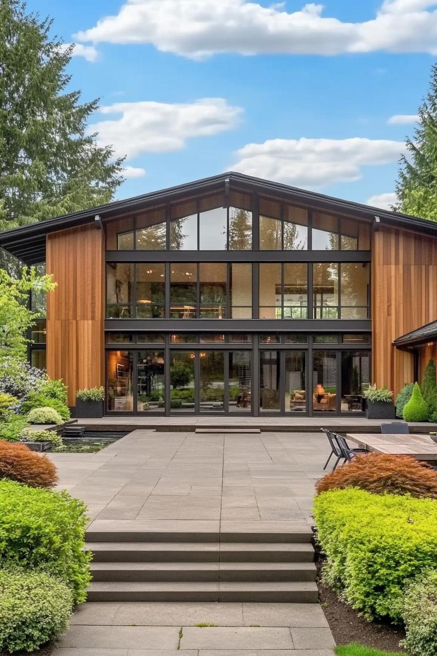 A modern home with large windows surrounded by lush greenery