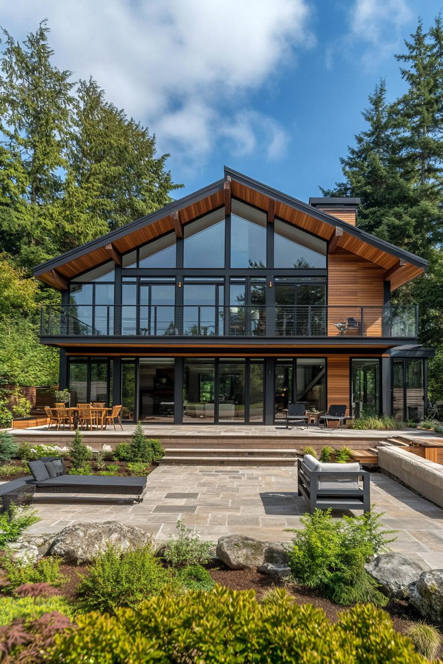 Modern home with large glass façade surrounded by trees