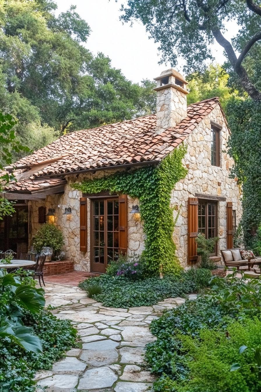 Charming cottage with vine-covered stone walls and rustic elements