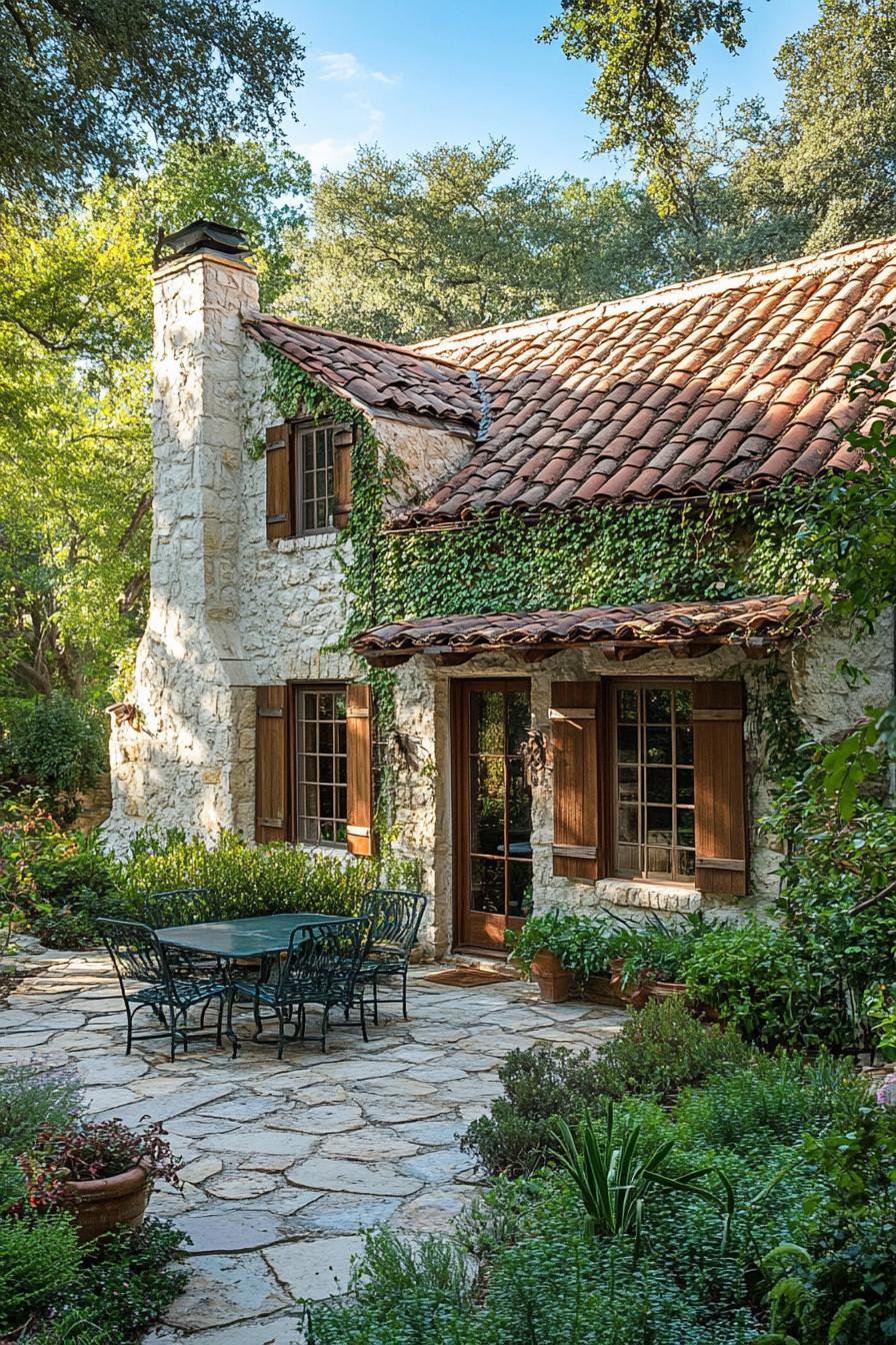 A quaint cottage with a stone chimney and ivy-covered walls