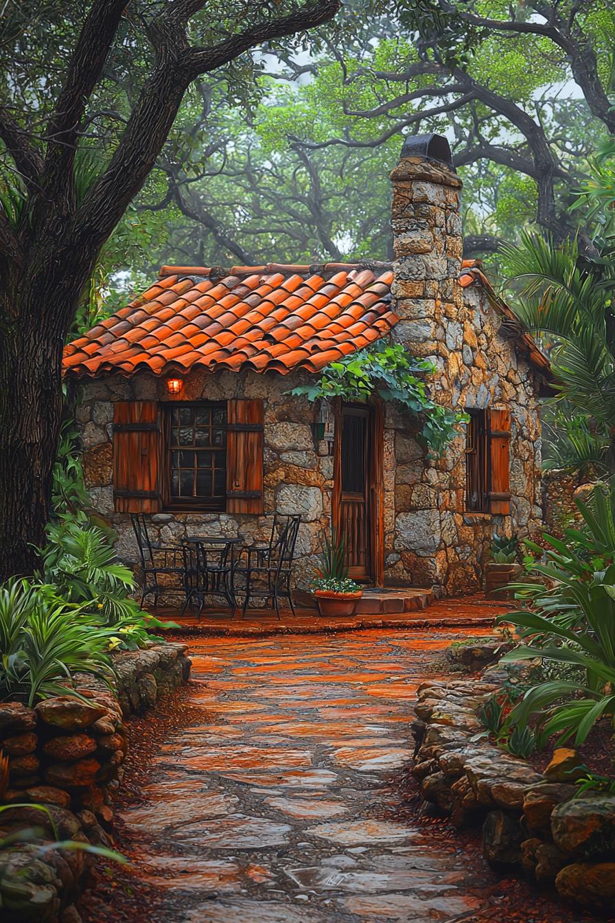 A quaint stone cottage with a red-tiled roof nestled in the woods