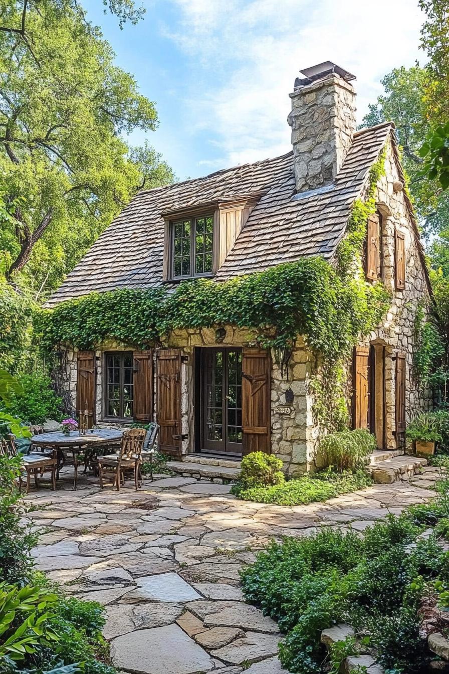 Charming stone cottage covered in greenery with patio