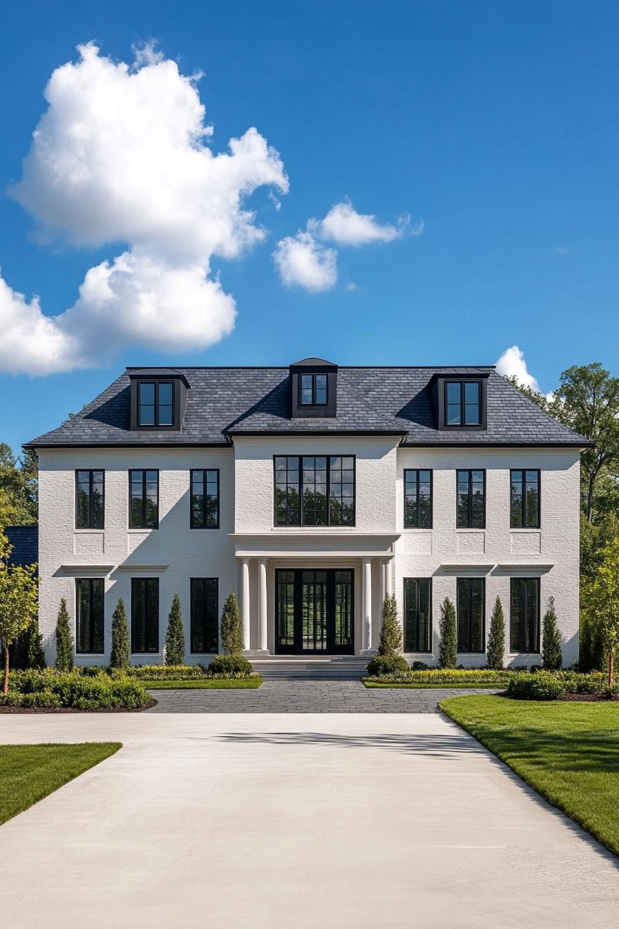 Elegant colonial home with white facade and dark roof