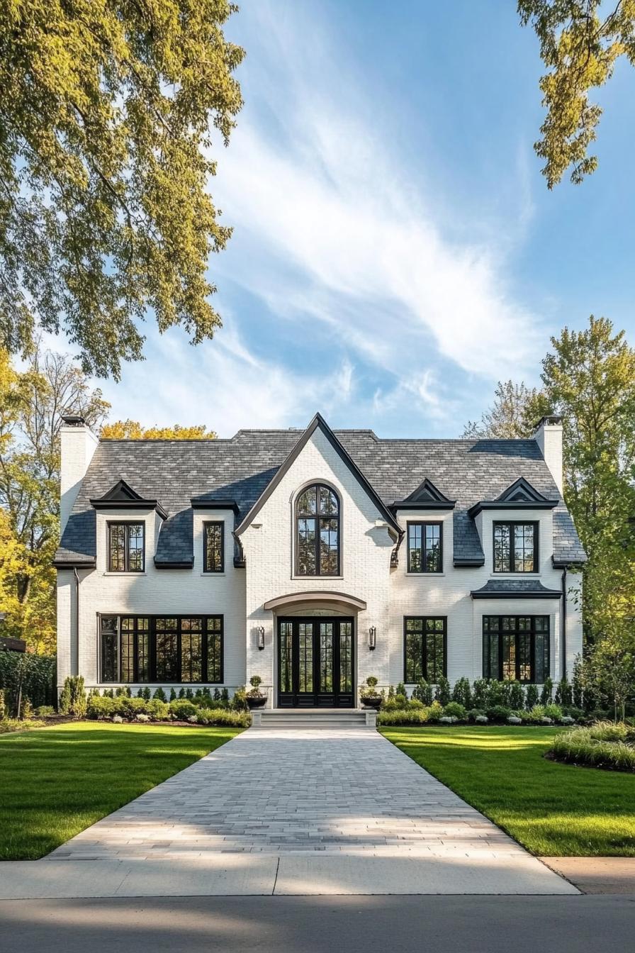 Luxurious mansion with dark gabled roof and white brick exterior