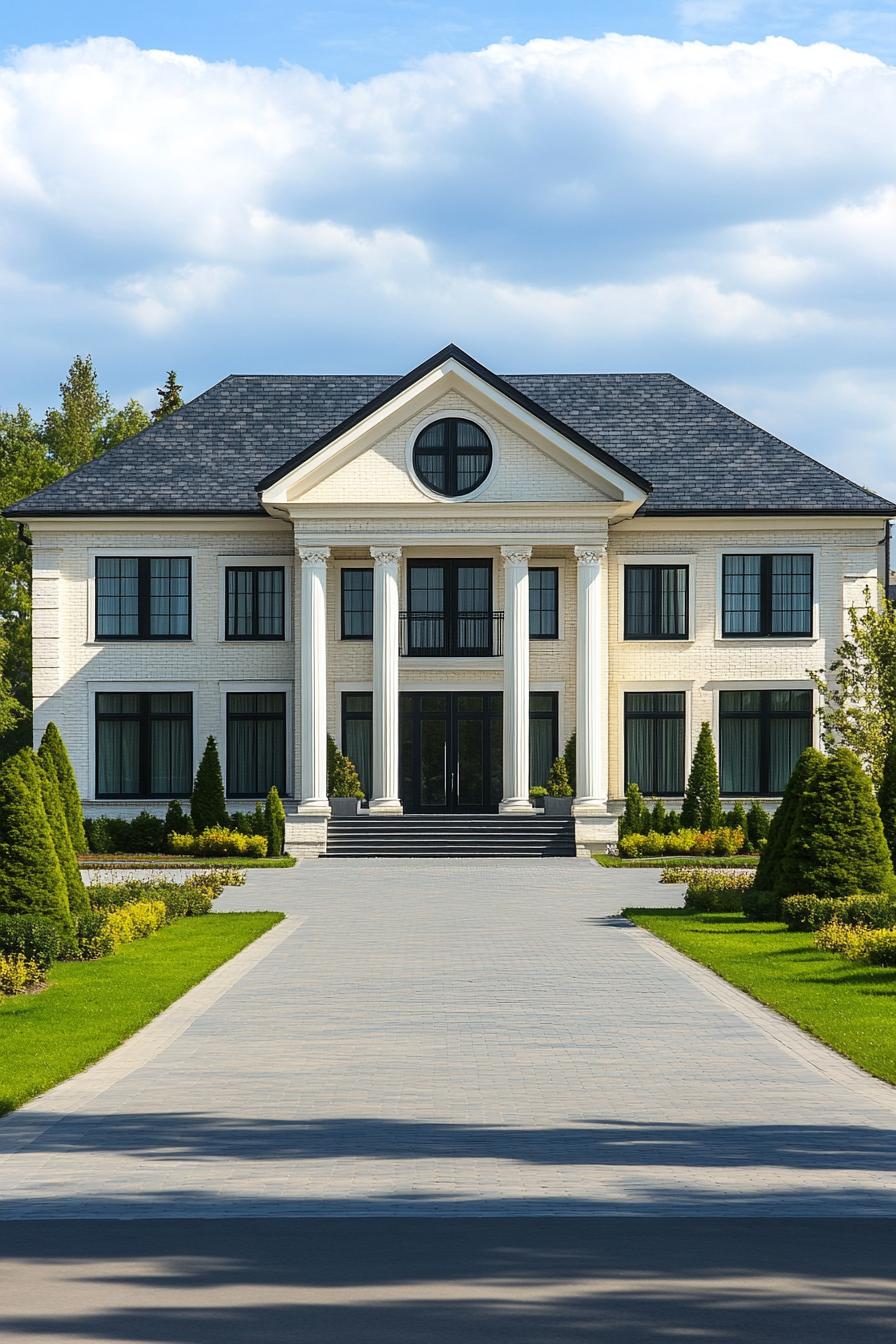 Stately mansion with grand columns and a circular window