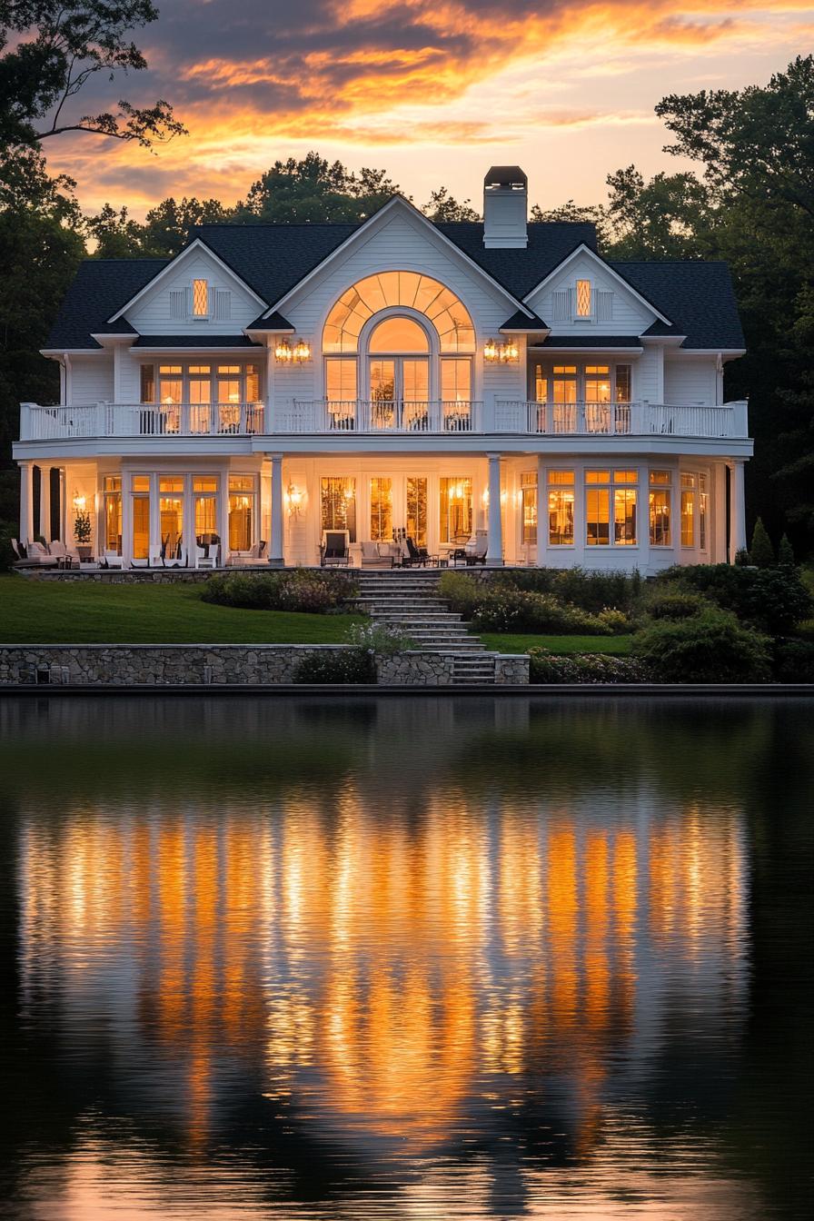 Illuminated house reflected in a lake at sunset