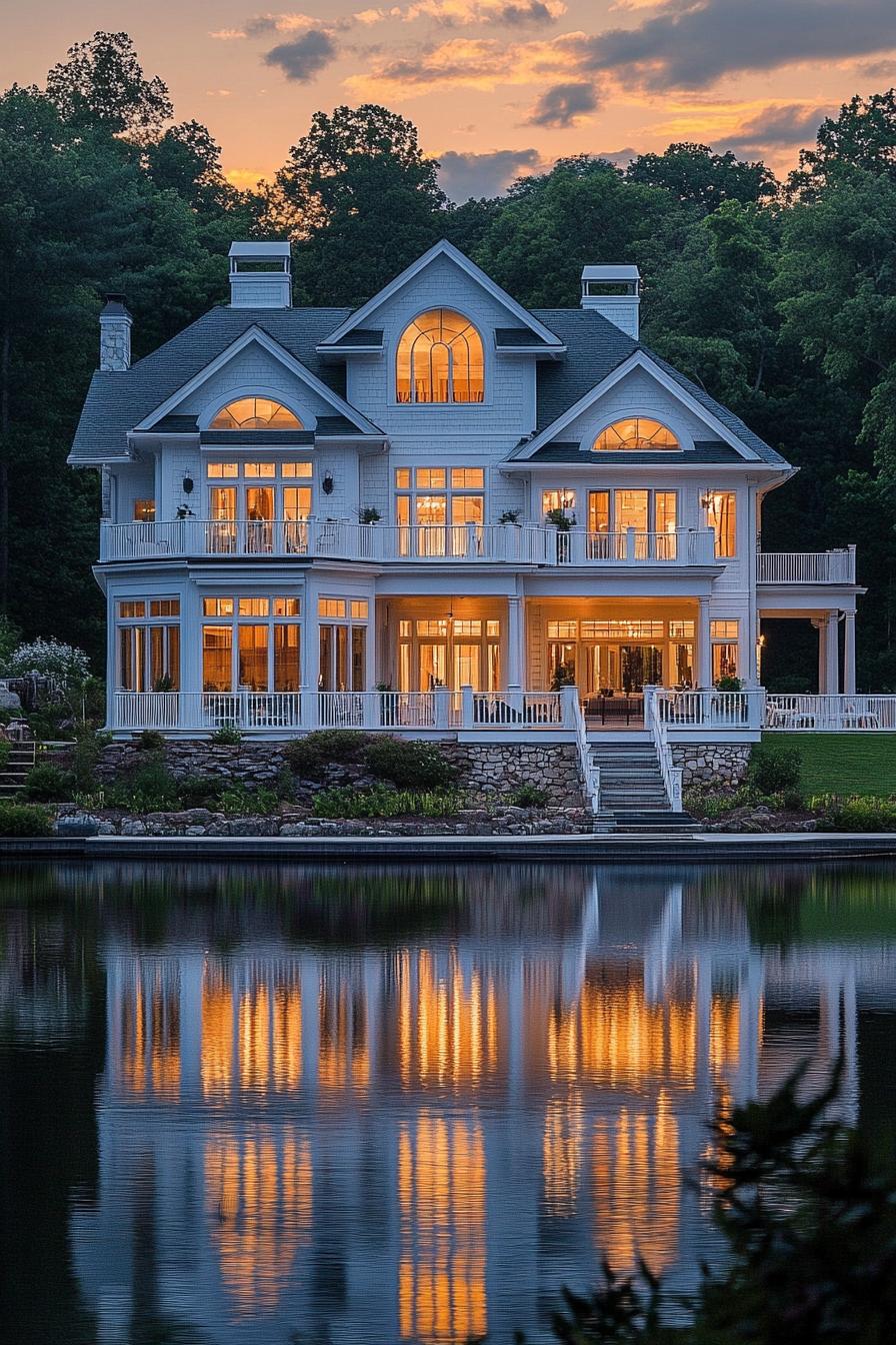 Elegant house with glowing windows reflected in a serene lake at sunset