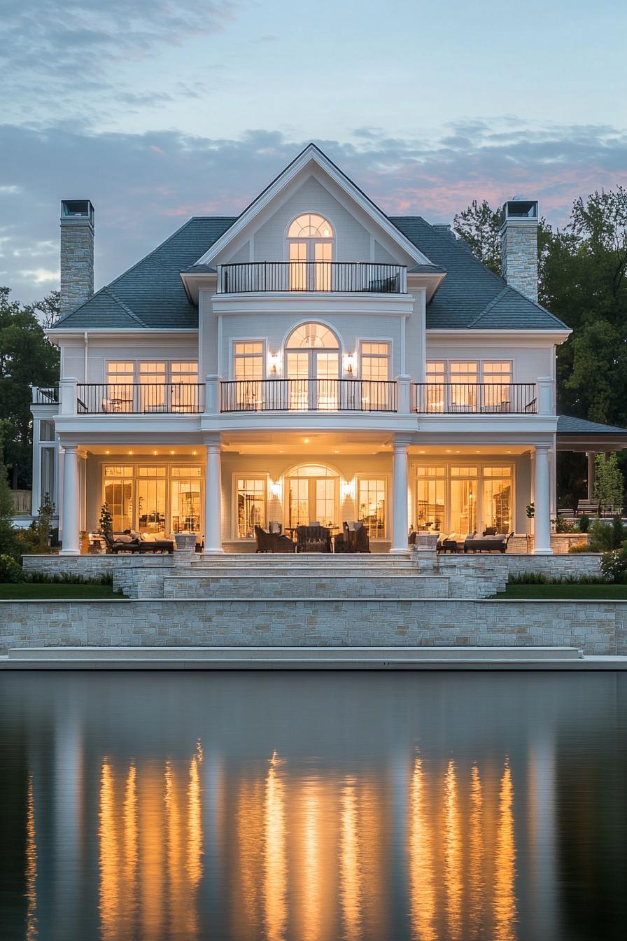 Luminous mansion reflecting on calm waterfront