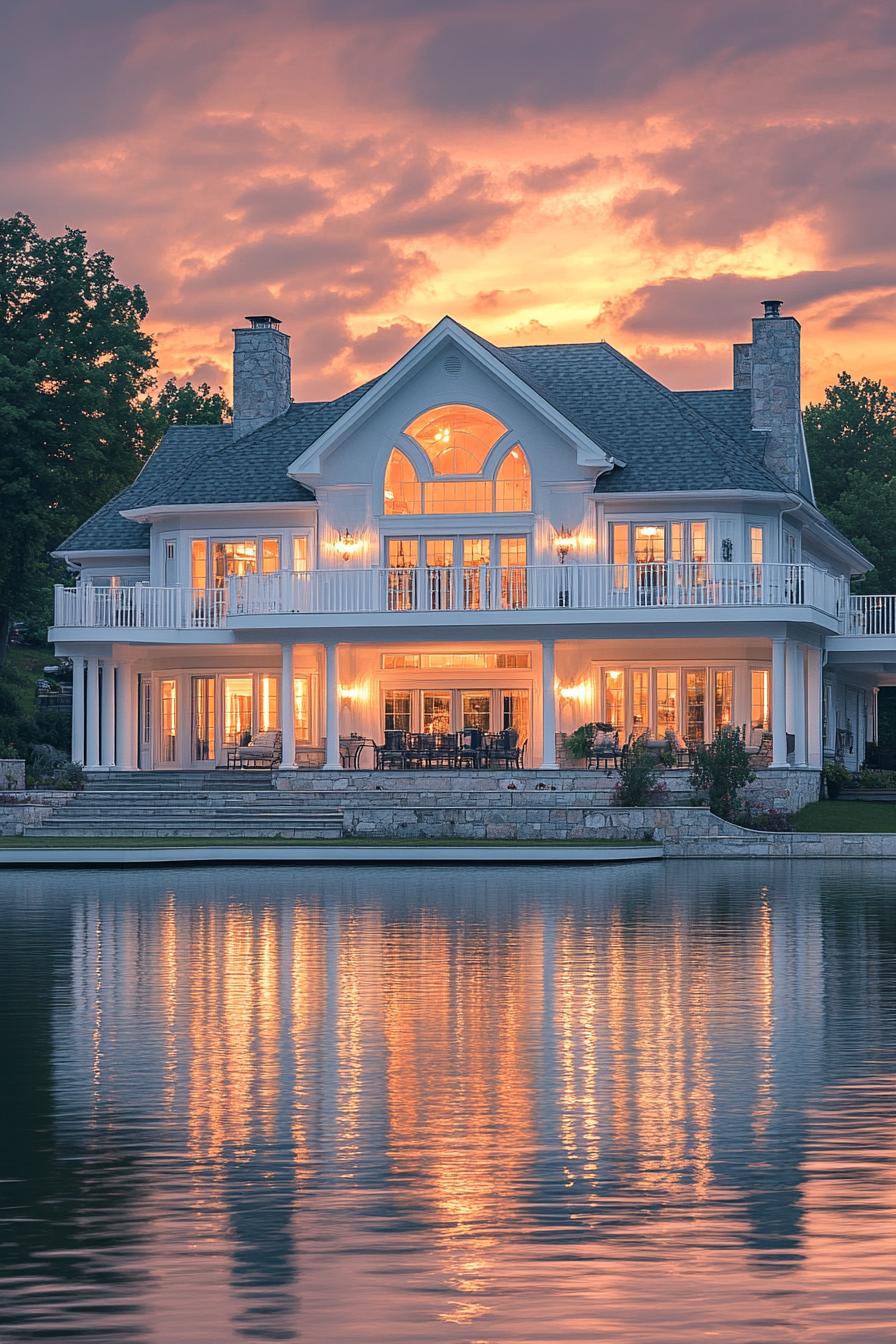 Elegant house with glowing lights by a serene lake