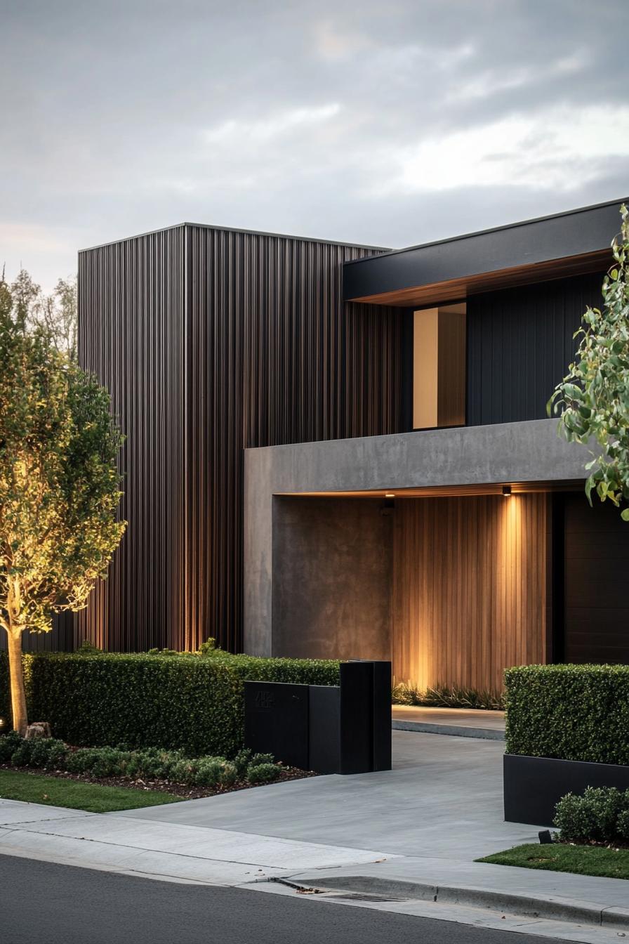 Sleek modern house with vertical wood panels and strategic lighting