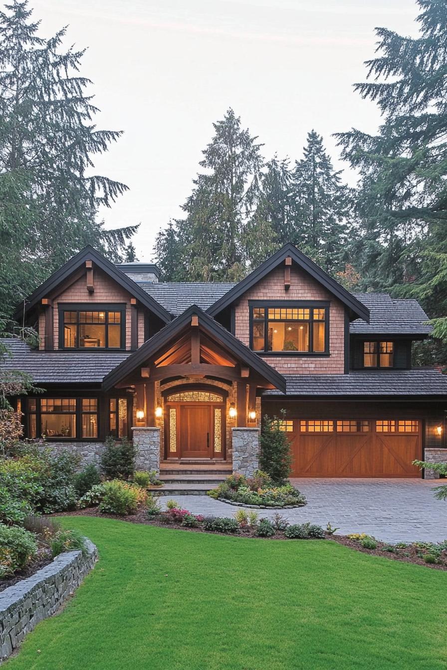 Cozy wooden house surrounded by towering trees