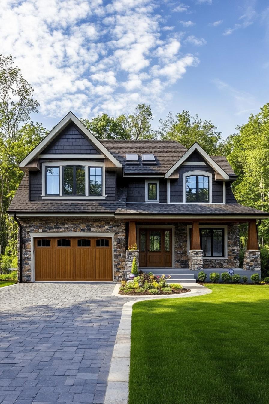 Two-story house with stone facade and wooden garage doors