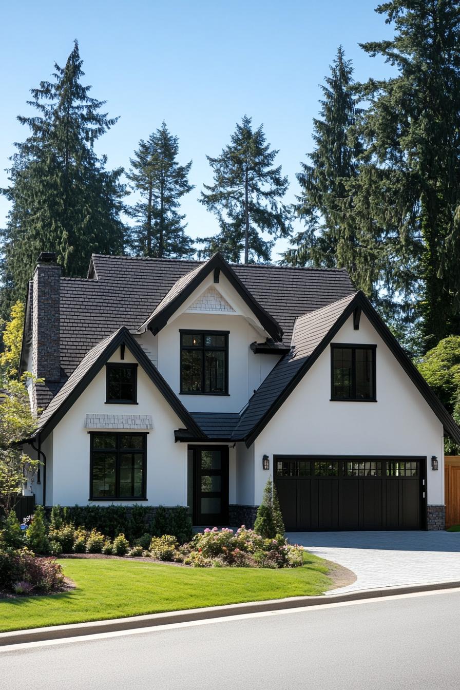 White house with steep gables surrounded by trees and a neat lawn