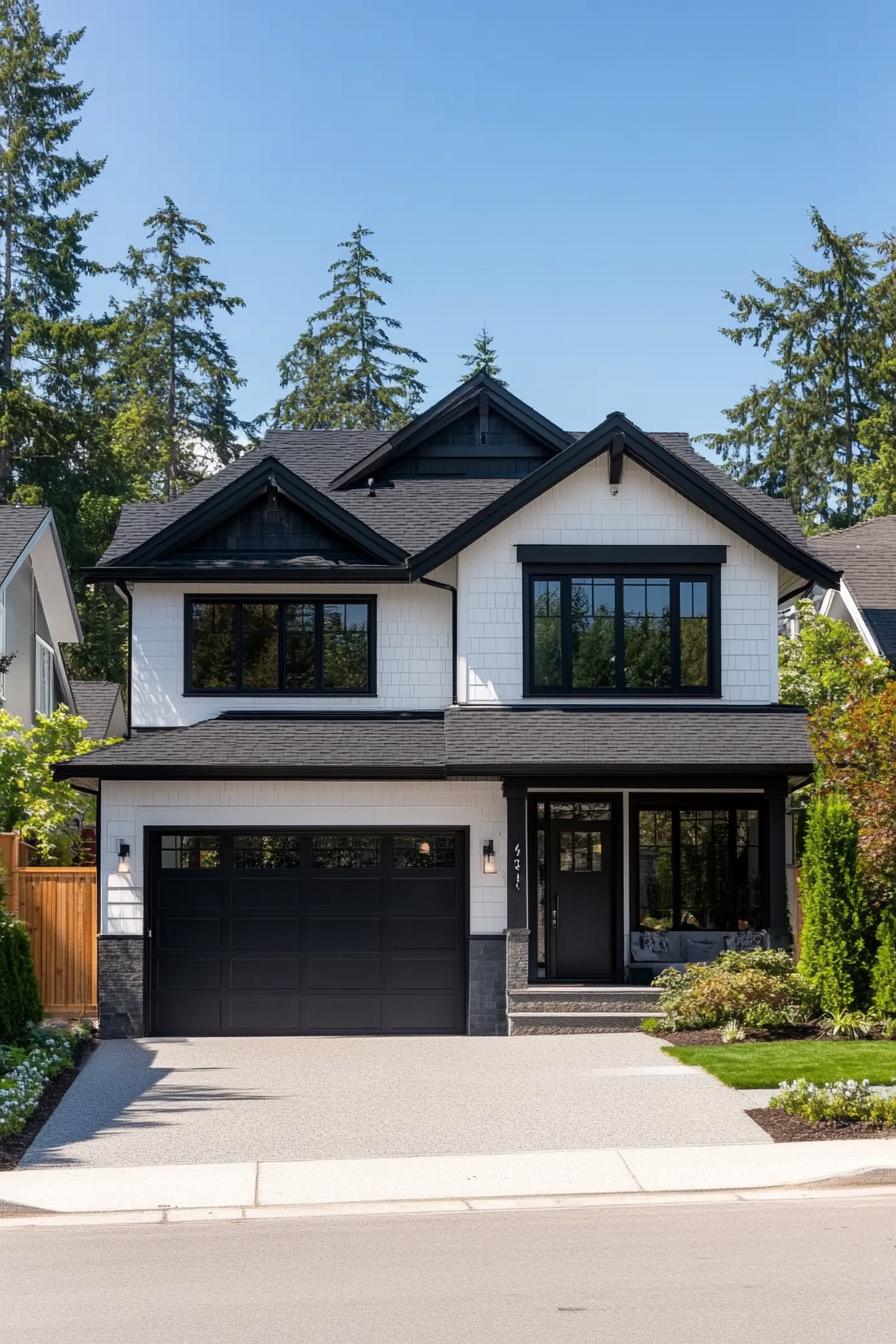 Contemporary two-story house with black accents and a modern aesthetic