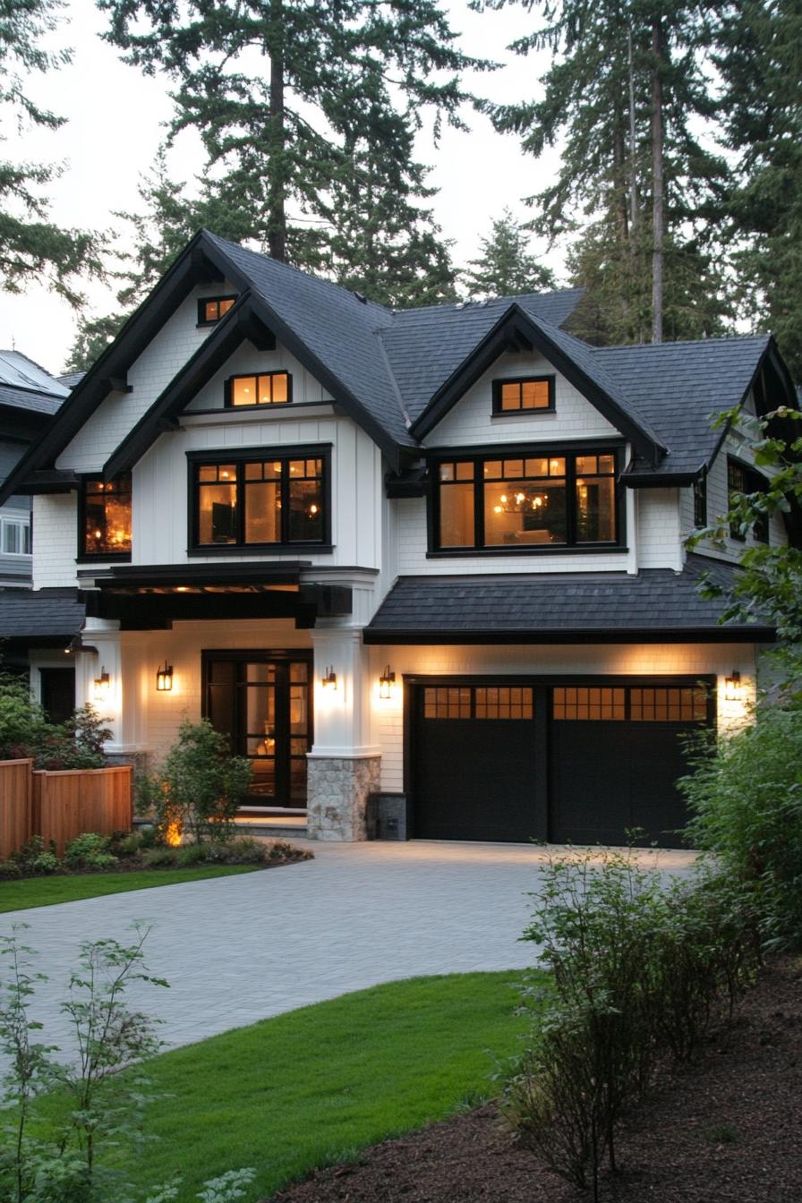 Modern house with dark gables nestled among tall trees