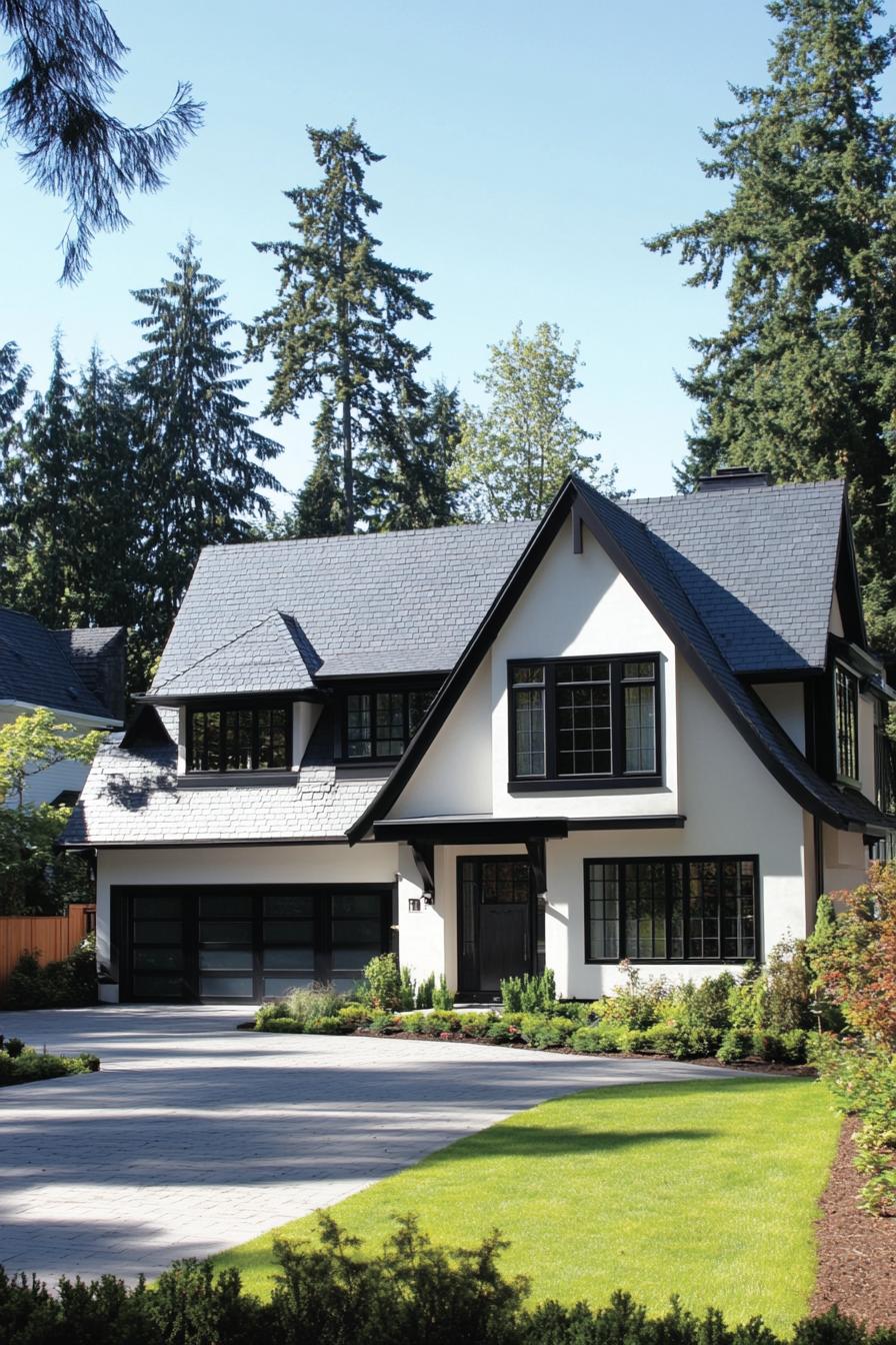 A modern house with gabled roofs and white facade, surrounded by trees