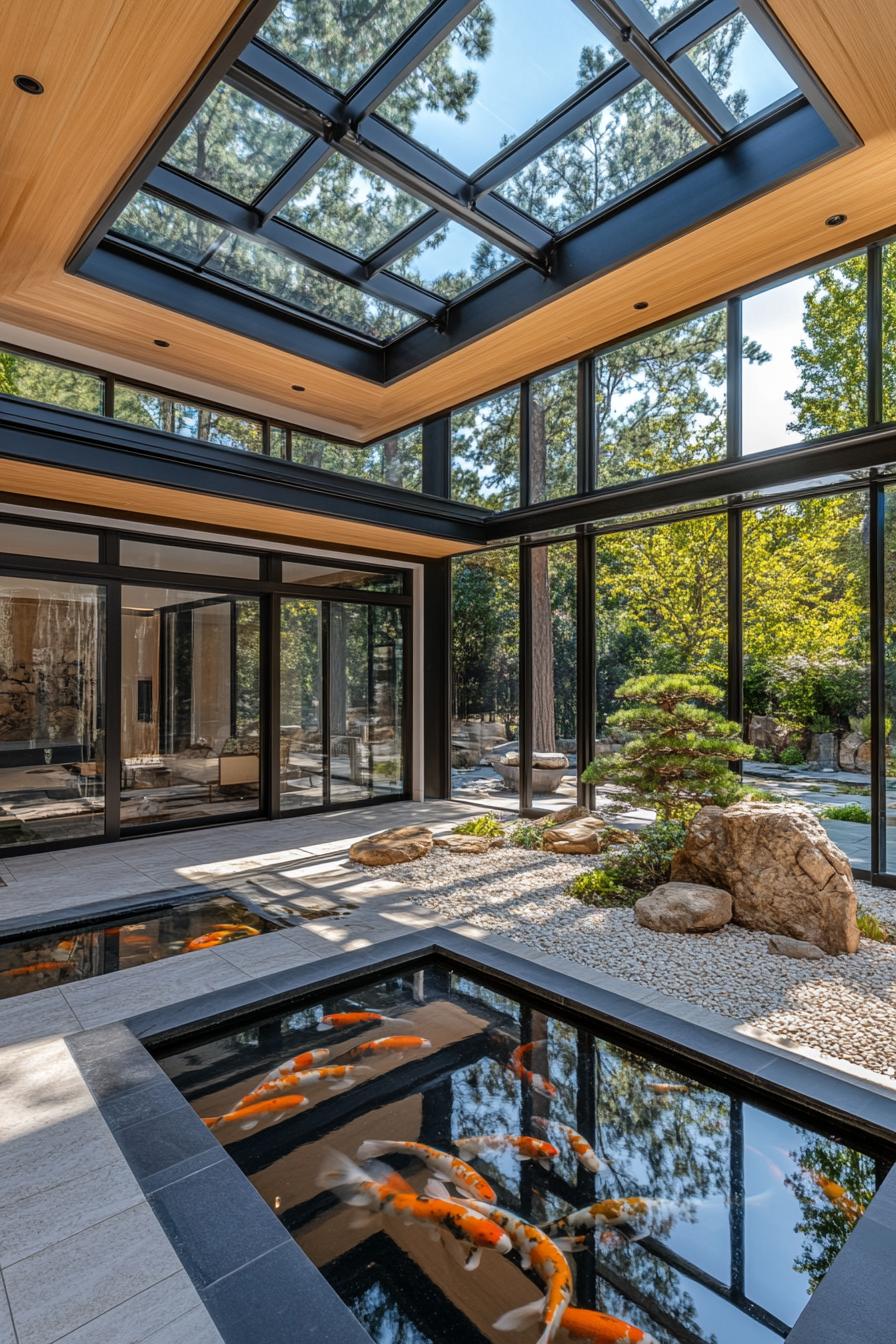 Modern Japanese courtyard with glass roof and koi pond