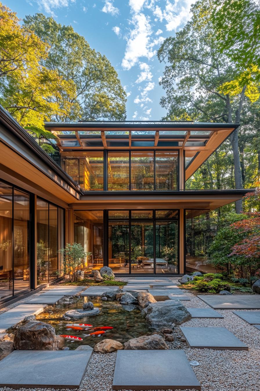 Japanese house with glass walls and koi pond