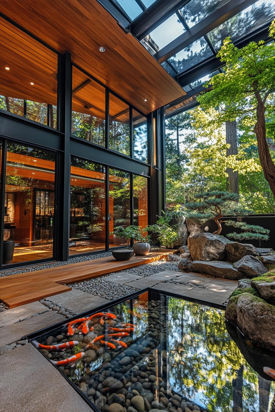 Japanese-style house with koi pond and greenery