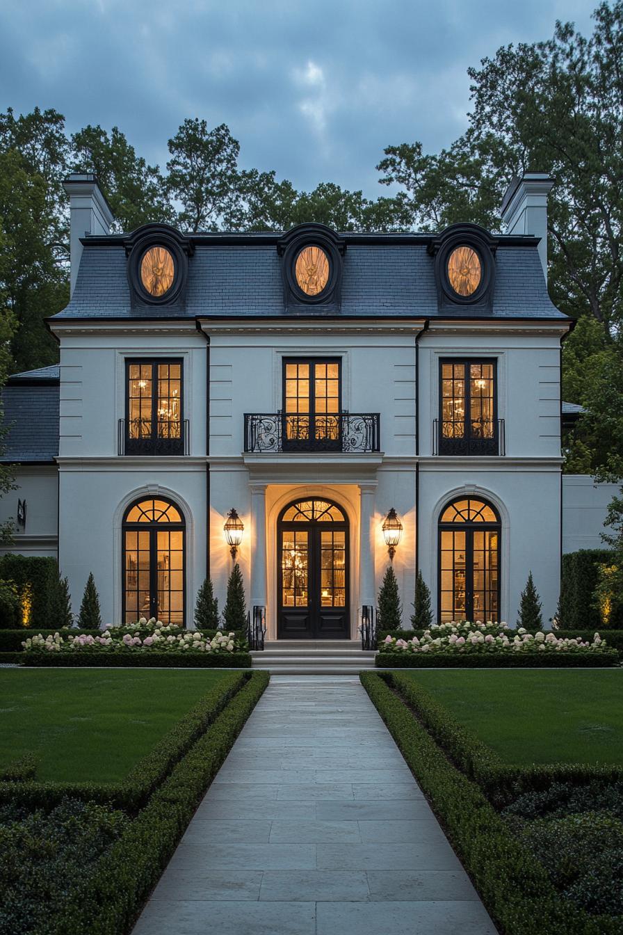 Luxurious mansion with bright windows and lush greenery