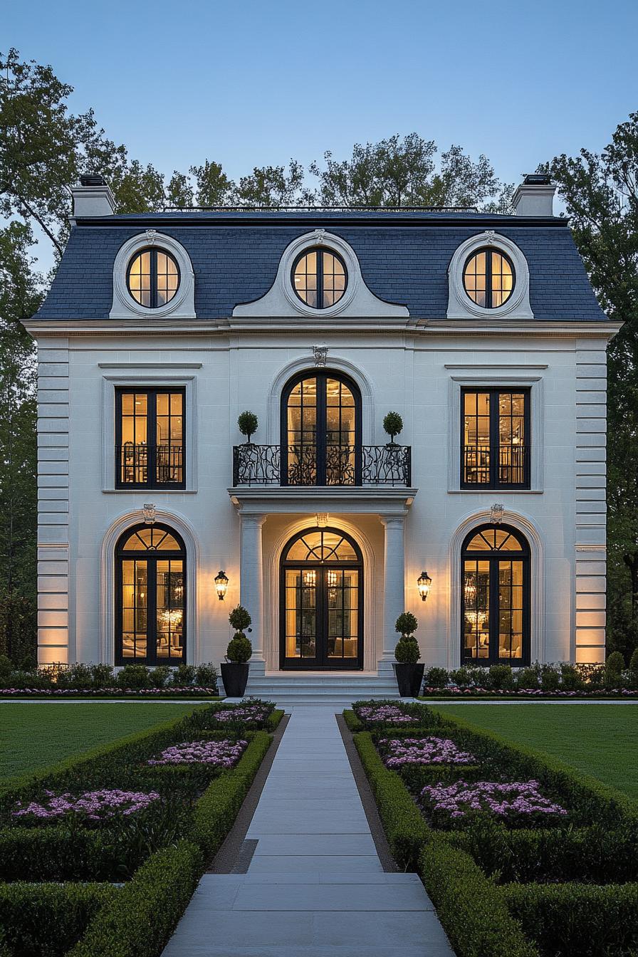 Elegant white house with arched windows and manicured gardens